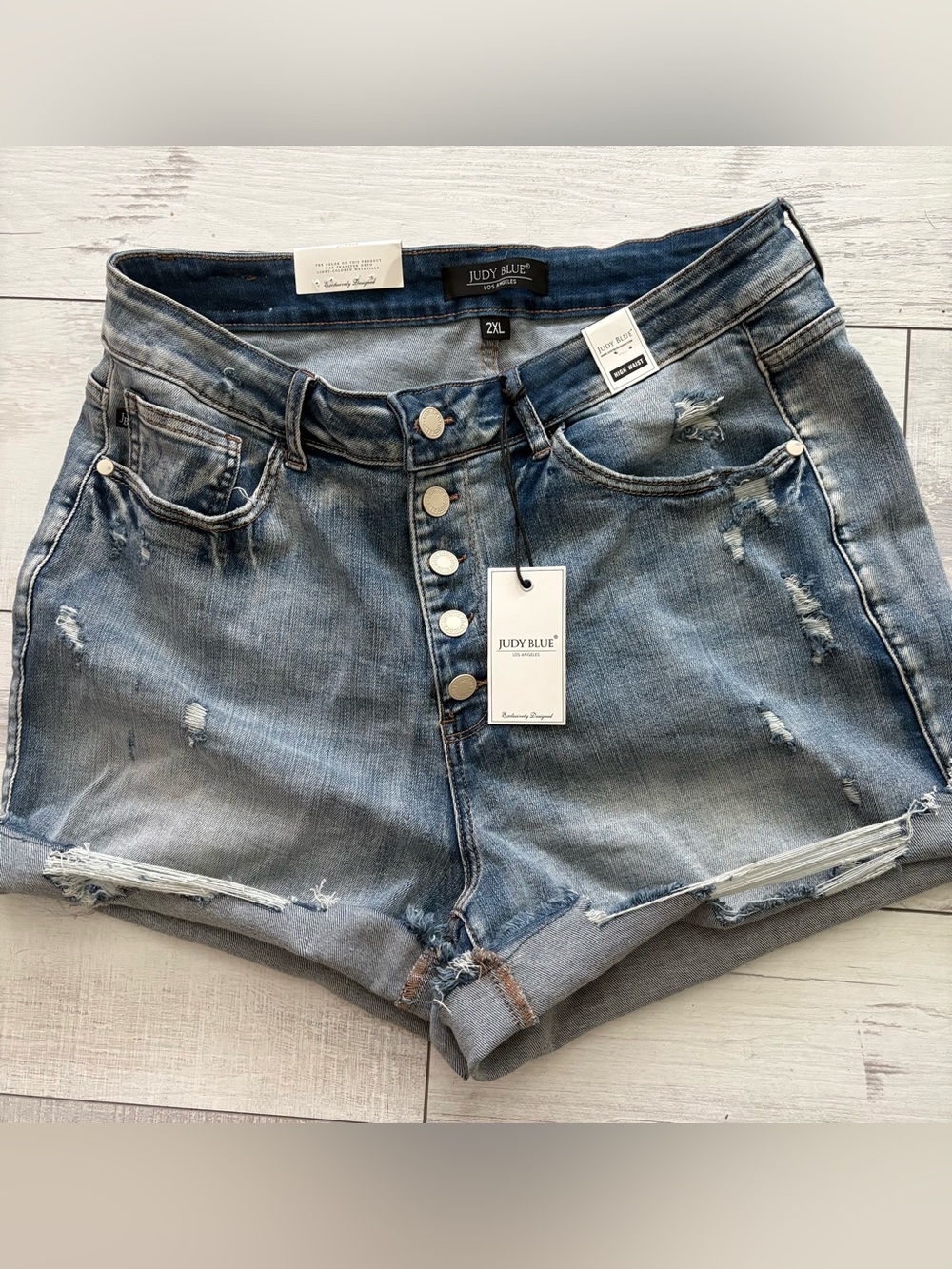 Judy Blue Light Blue Distressed High-Rise Button Fly Denim Shorts